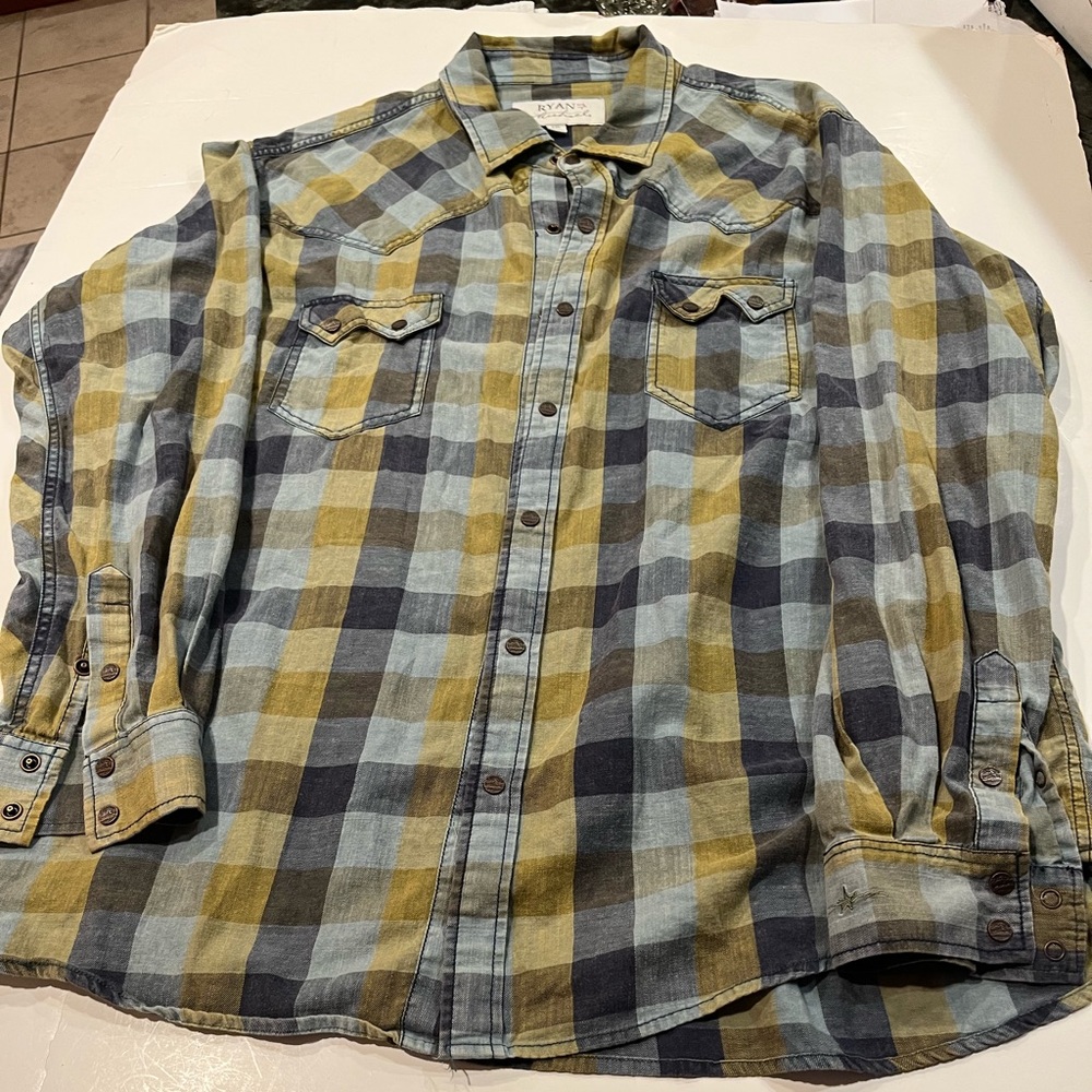 Ryan Michael Flannel Shirt Size XXL Long Sleeve Snap Up Green Blue Plaid Cotton